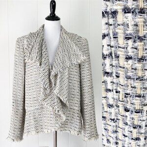 LAFAYETTE 148 NY Blazer Jacket Metallic Ruffle Tweed Raw Fringe Suit Open Evenin